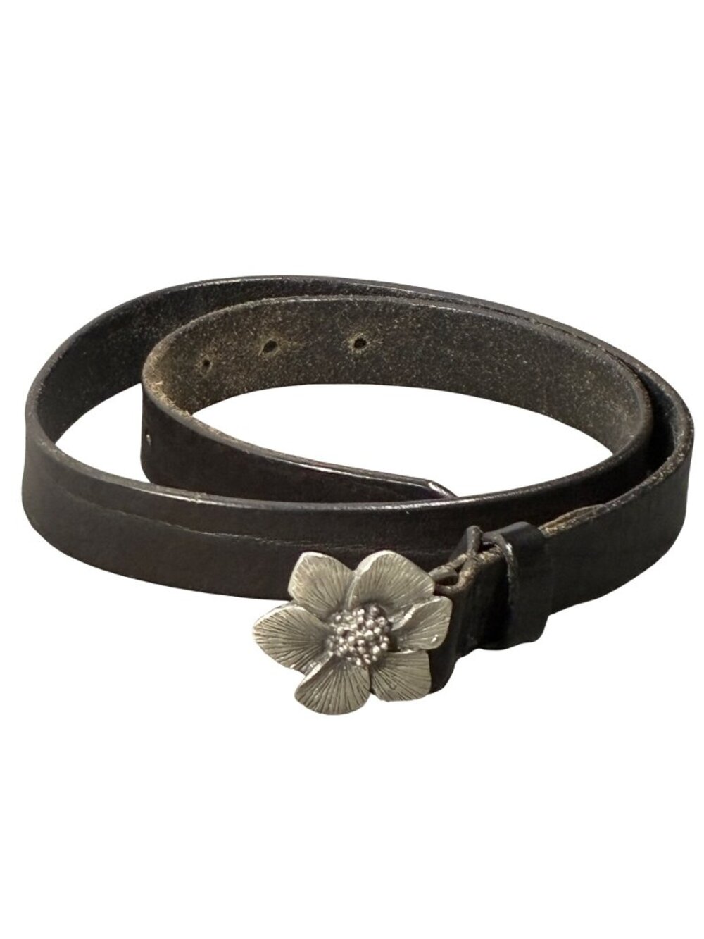 FCX Collection Black Leather Belt With Silver-Tone Floral Buckle Made In England